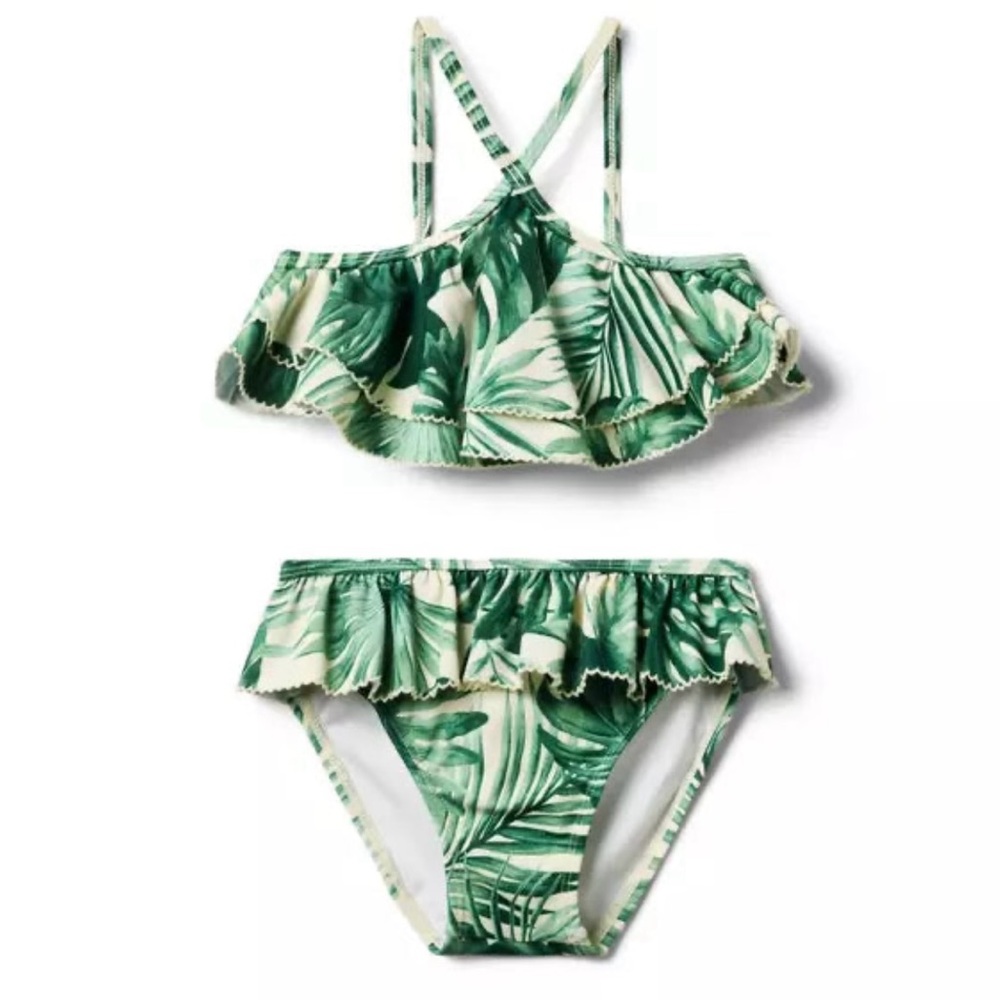 Janie and Jack Girls’ Green And White Palm Ruffle Halter Bikini Set Size 18 NWT